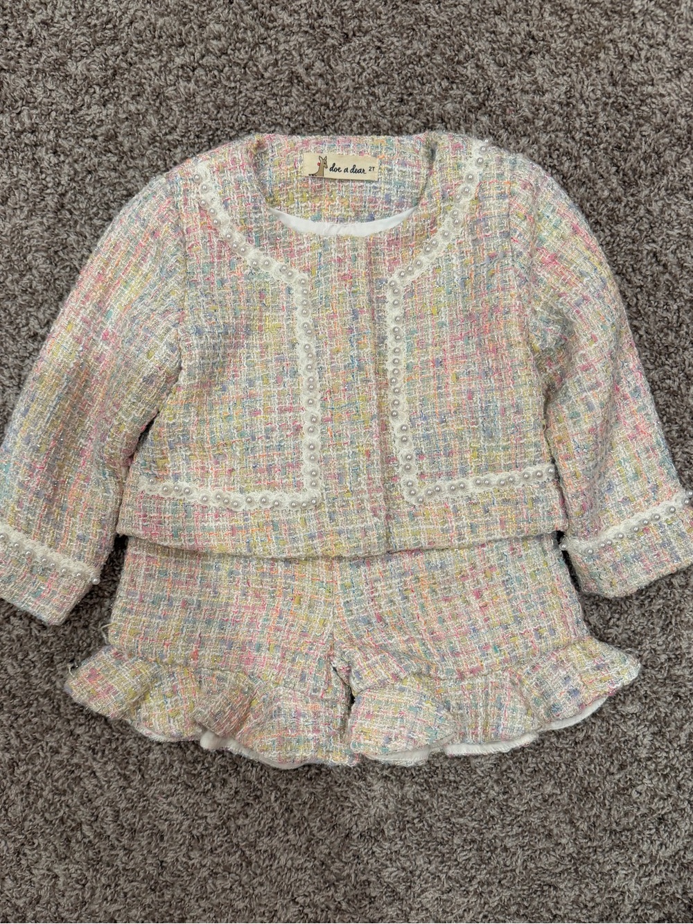 de a dea Pastel Tweed Girls Matching Jacket & Ruffle Shorts Set